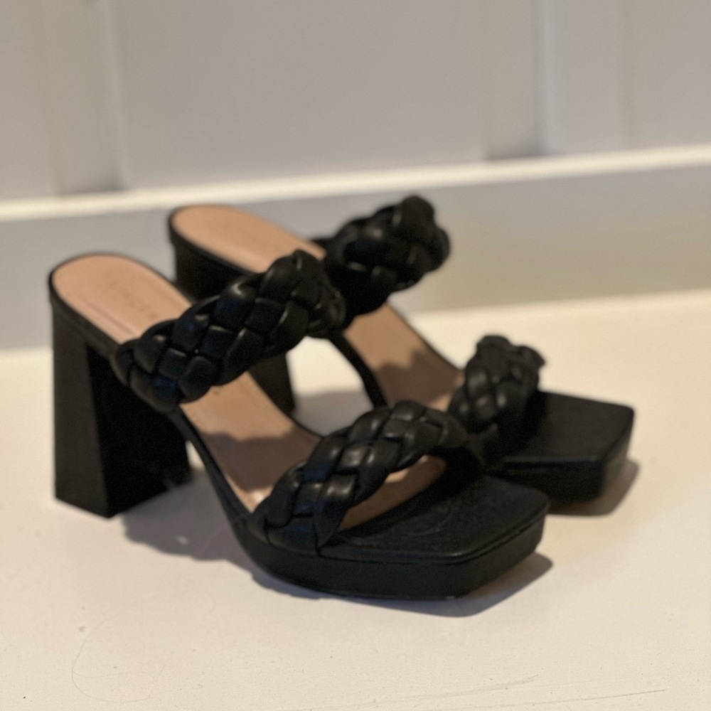 Black Braided Chunky Heel Slides
